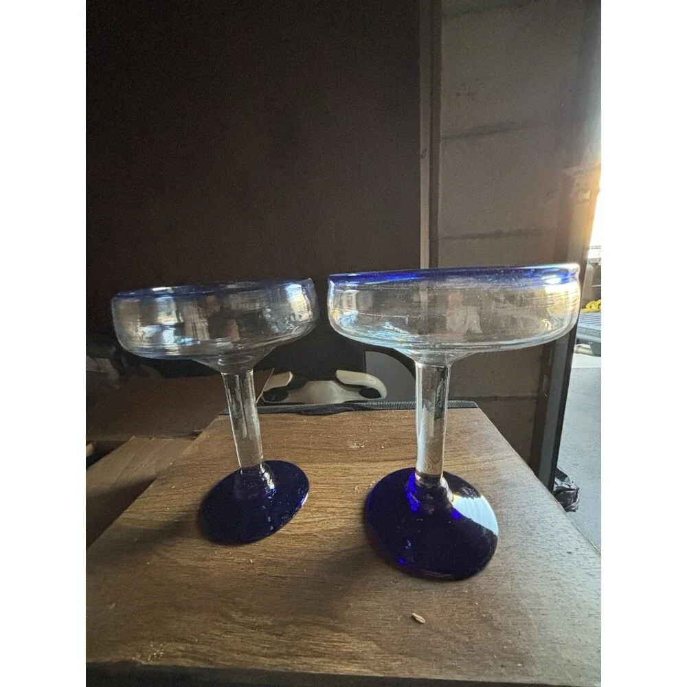 Set of 12 Vintage Hand Blown Cobalt Blue Stemmed Coupe Champagne Glasses